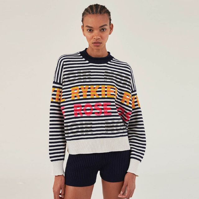 ソニアリキエル (SONIA RYKIEL) ボーダーロゴセーター ウール ネイビー
