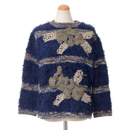 アントニオマラス (ANTONIO MARRAS) 刺繍丸襟セーター モヘア混合 ネイビー