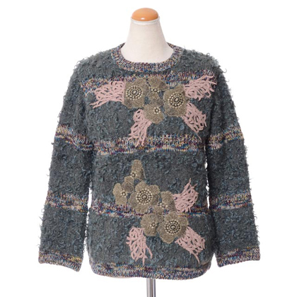 アントニオマラス (ANTONIO MARRAS) 刺繍丸襟セーター モヘア混合 ダークシーグリーン