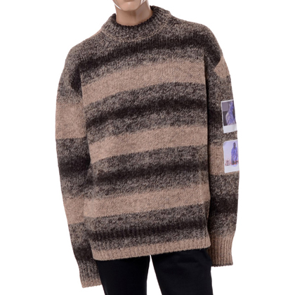 ラフシモンズ (RAF SIMONS) ストライプラウンドネックセーター ウールミックス ブラウンクリーム 30% OFF