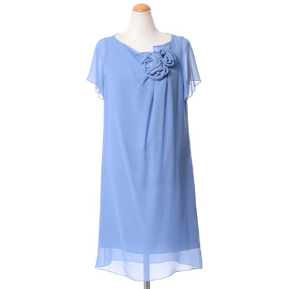 ランバン (LANVIN ) フラワー付き半袖ドレス シルクシフォン ブルー