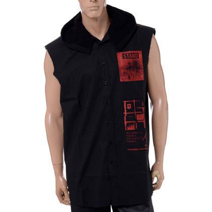 ラフシモンズ (RAF SIMONS) Sleeveless hooded shirt with patches and print