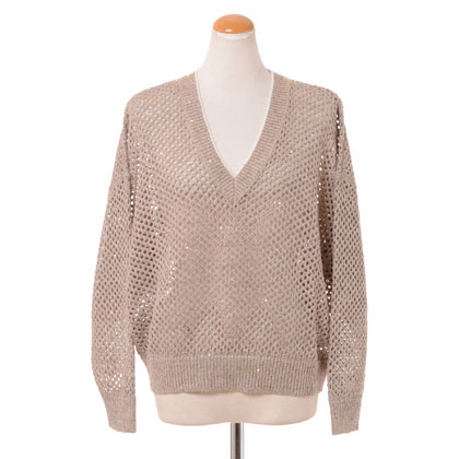 ブルネロクチネリ (Brunello Cucinelli) Vネックセーター リネンシルク ベージュ