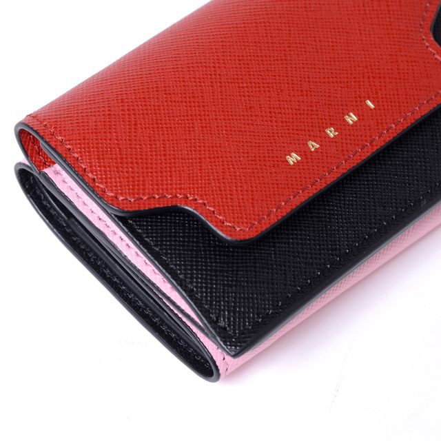 マルニ (Marni) 3つ折コインケース付き財布 サファイアーノレザー レッドブラックピンク