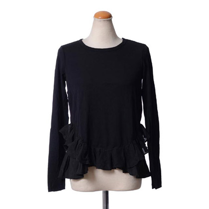 クルー (CLU) 裾フリルロングTシャツ コットンモダール+シルク ブラック